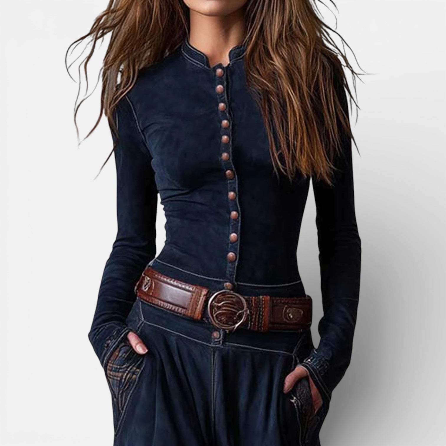 Leonora | Vintage Long Dress in Navy Blue Suede Check (Includes Belt)