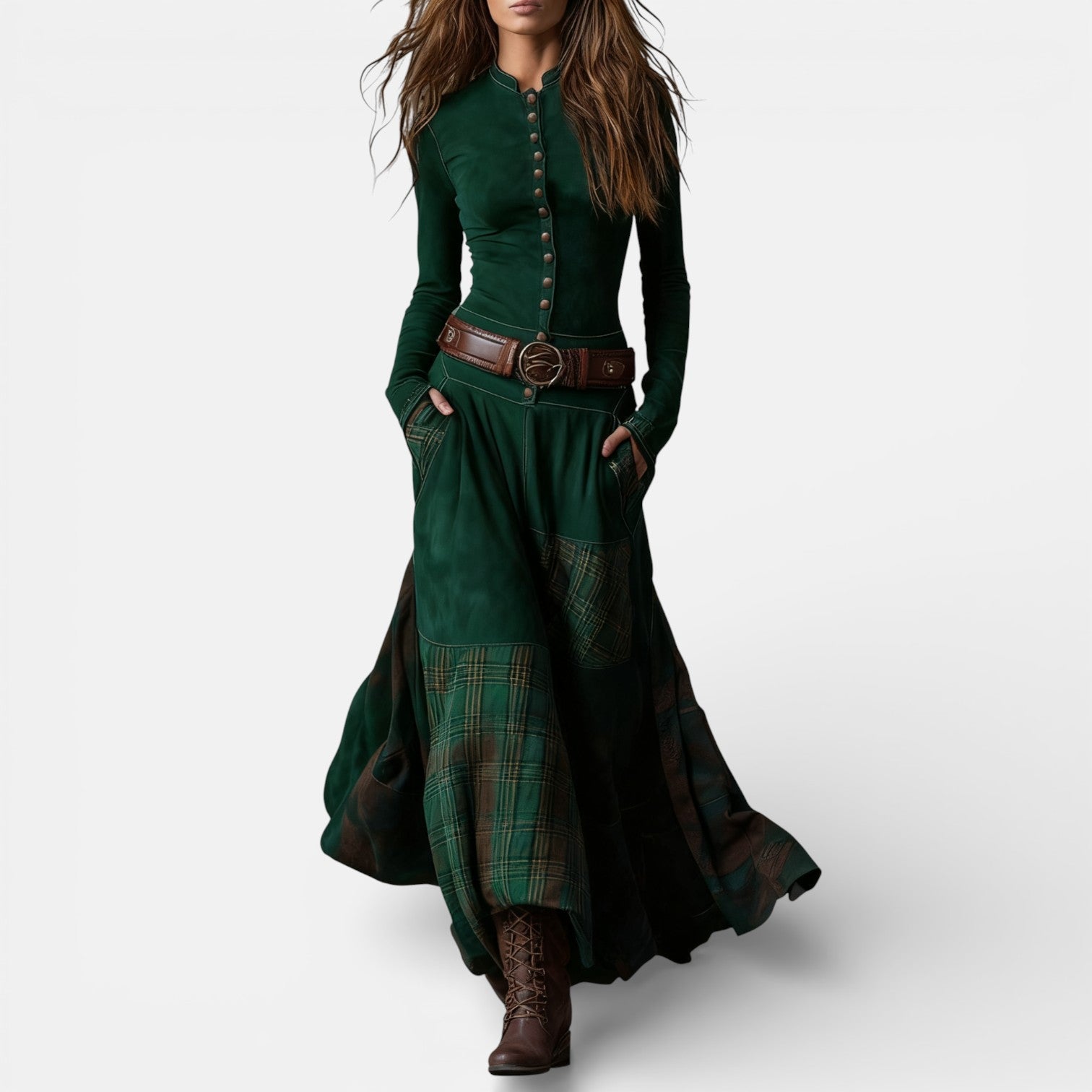 Leonora | Vintage Long Dress in Navy Blue Suede Check (Includes Belt)